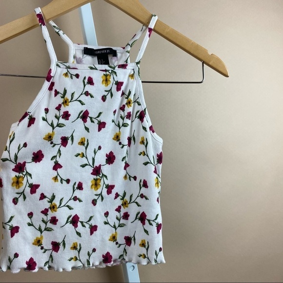 Forever 21 Small 90’s Boho Floral Crop Ruffle Tank Top Lettuce Hem High Neck - Picture 2 of 7